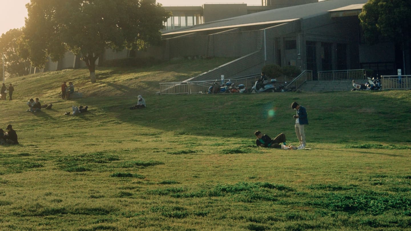 Campus lawn at golden hour with groups of students scattered on the hill
